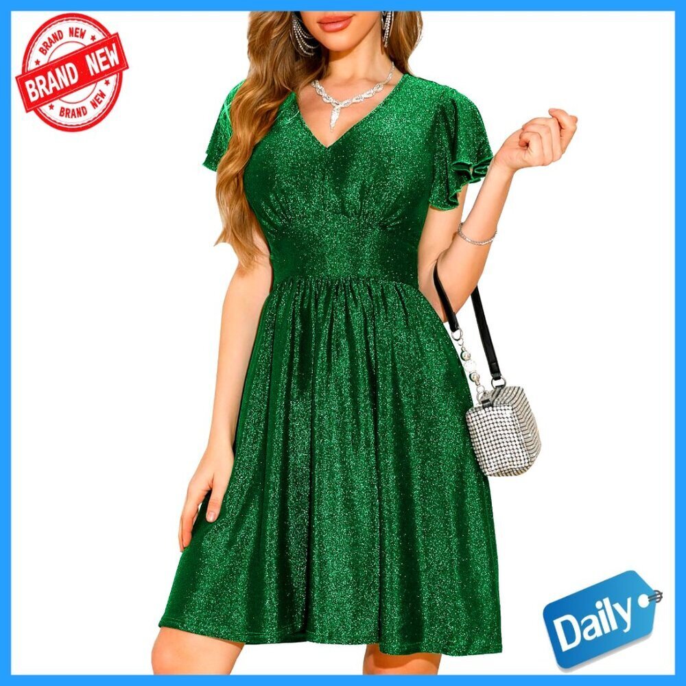 V-Neck Ruffle Sleeve Glitter Cocktail Dress Empire Waist Flared A-Line